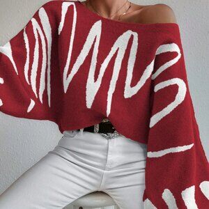 burgundy redCasual Women's Striped graphic Batwing Sleeve Loose Pullover Sweater